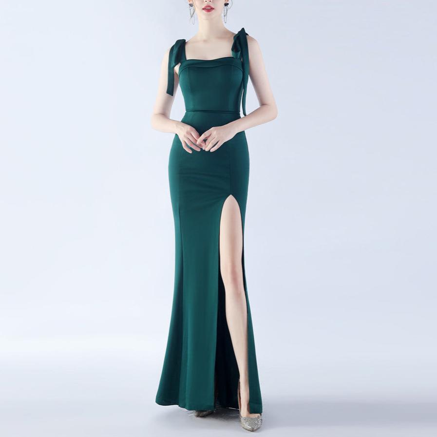 Elegantes Bandage-Maxikleid mit Diamanten – Bodenlang & Quadratkragen