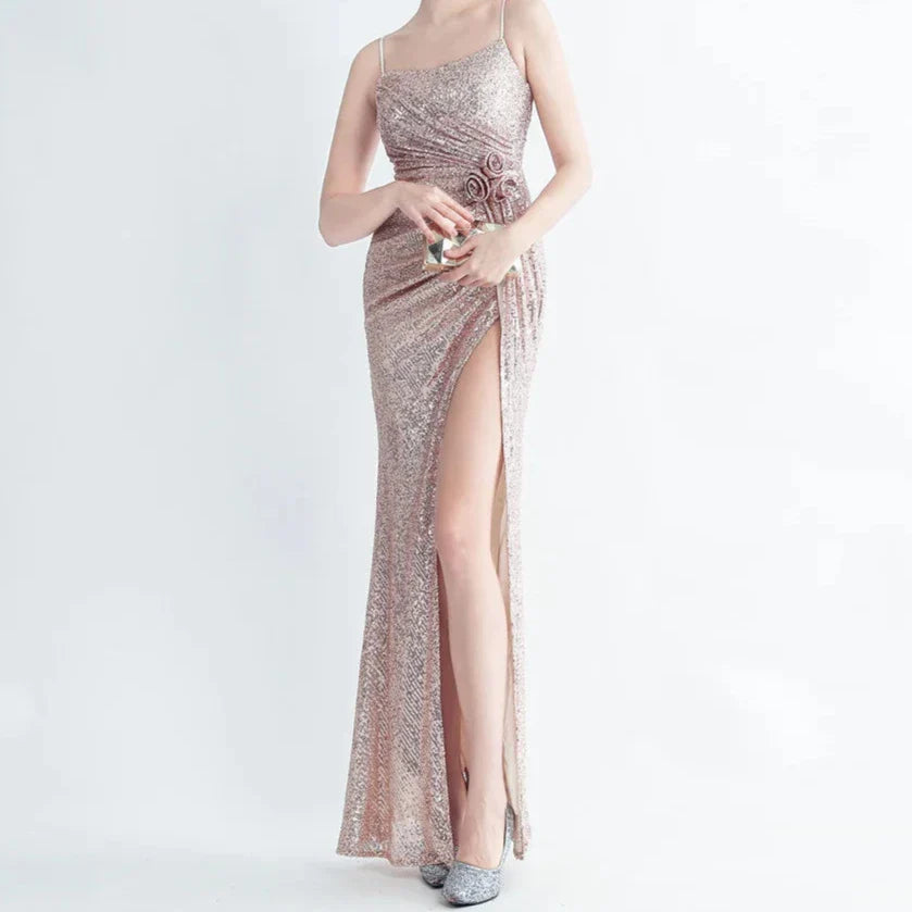 Elegantes Bandage-Maxikleid mit Diamanten – Bodenlang & Quadratkragen