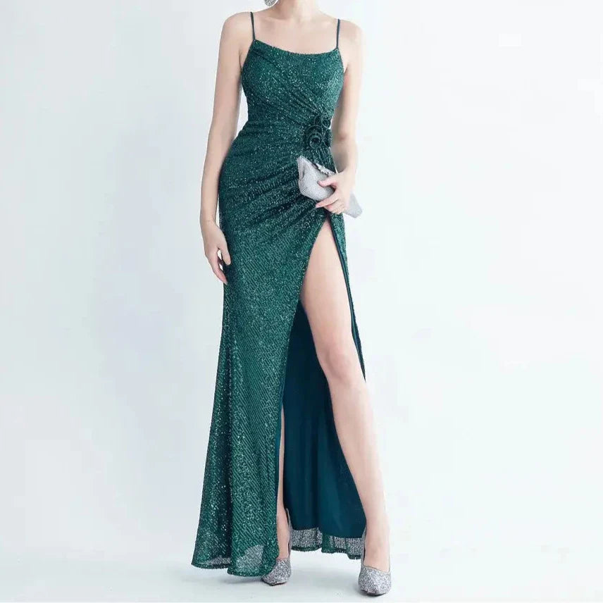Elegantes Bandage-Maxikleid mit Diamanten – Bodenlang & Quadratkragen