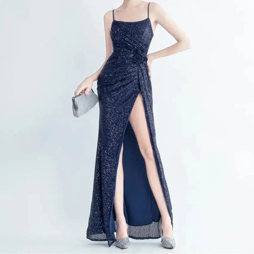 Elegantes Bandage-Maxikleid mit Diamanten – Bodenlang & Quadratkragen