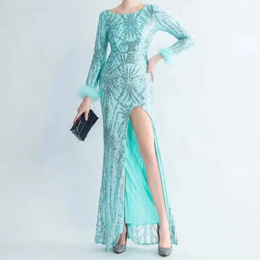 Elegantes Bandage-Maxikleid mit Diamanten – Bodenlang & Quadratkragen