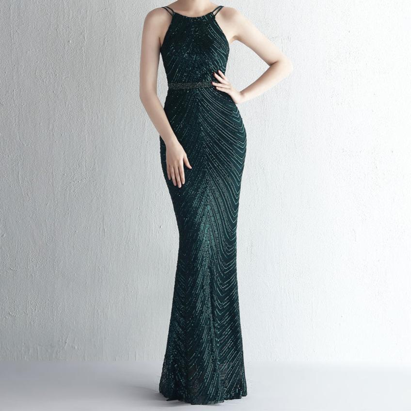 Elegantes Bandage-Maxikleid mit Diamanten – Bodenlang & Quadratkragen