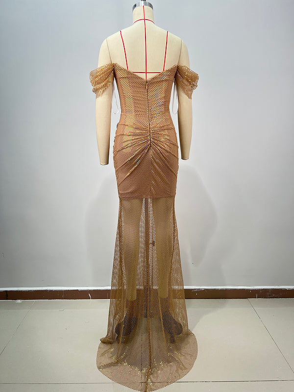 Elegantes Bandage-Maxikleid mit Diamanten – Bodenlang & Quadratkragen