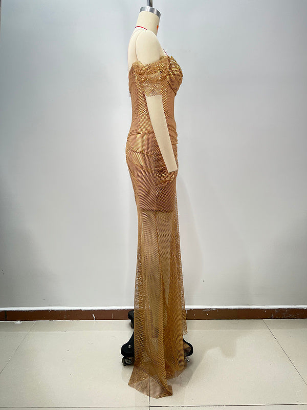 Elegantes Bandage-Maxikleid mit Diamanten – Bodenlang & Quadratkragen