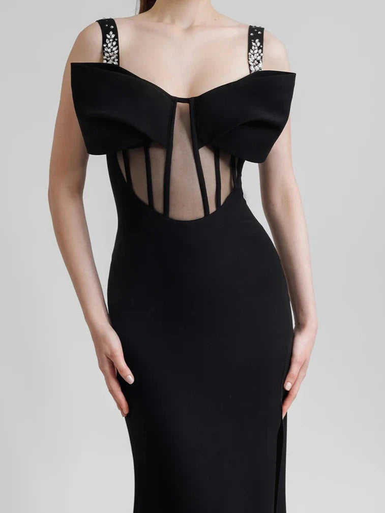 Elegantes Bandage-Maxikleid mit Diamanten – Bodenlang & Quadratkragen