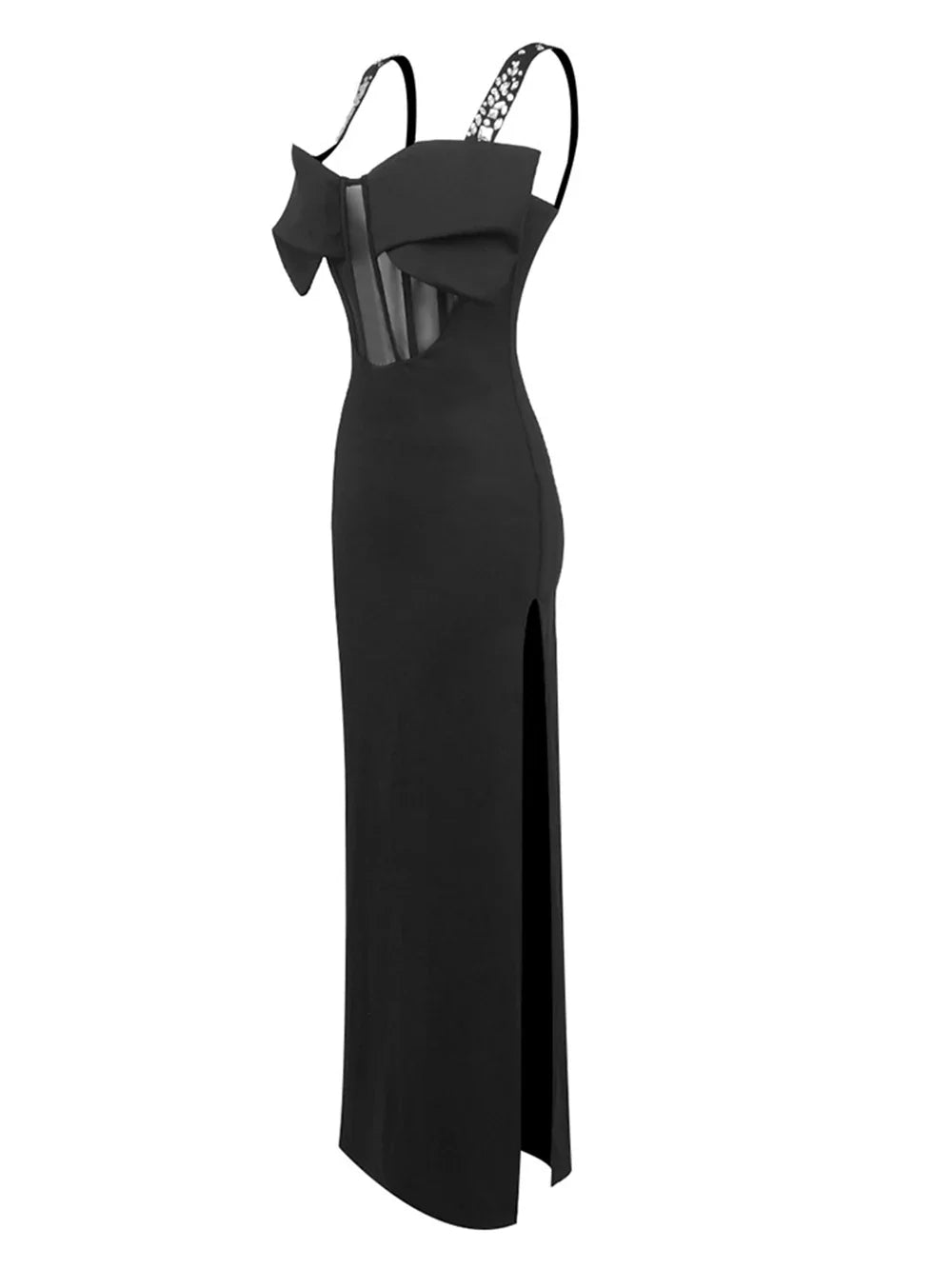 Elegantes Bandage-Maxikleid mit Diamanten – Bodenlang & Quadratkragen
