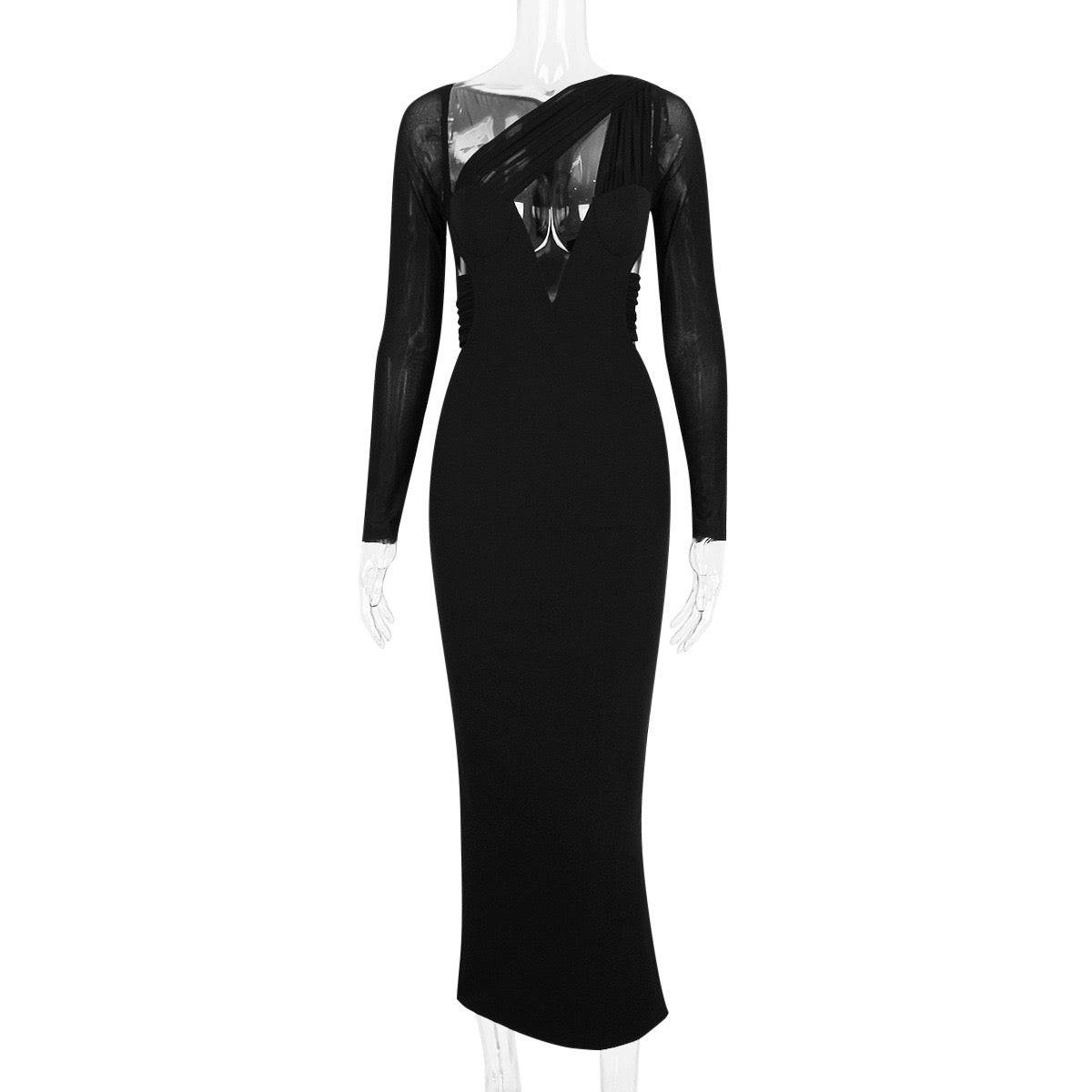 Elegantes Bandage-Maxikleid mit Diamanten – Bodenlang & Quadratkragen