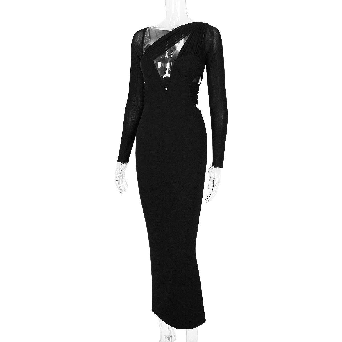Elegantes Bandage-Maxikleid mit Diamanten – Bodenlang & Quadratkragen