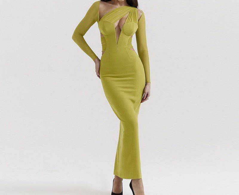 Elegantes Bandage-Maxikleid mit Diamanten – Bodenlang & Quadratkragen