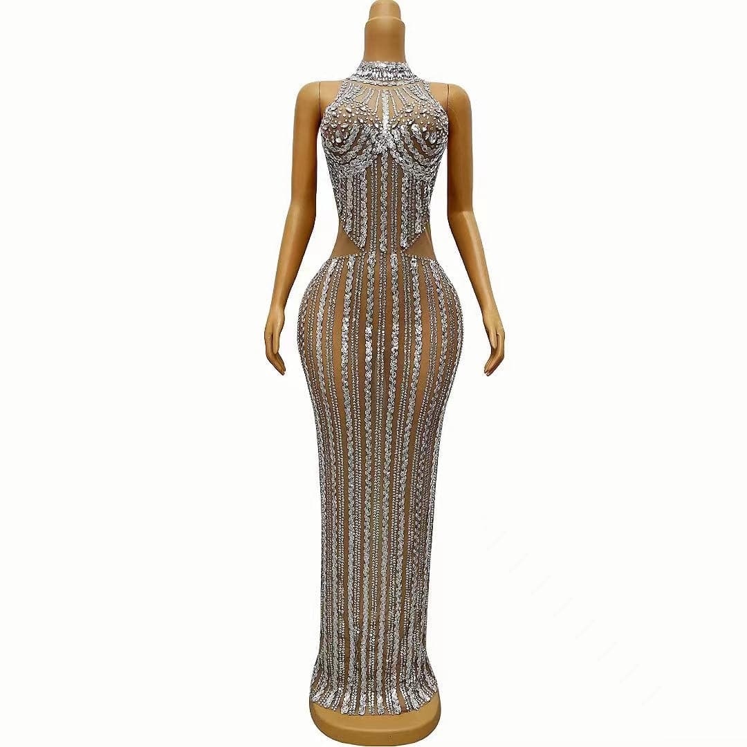 Produktbild von Elegantes Bandage-Maxikleid mit Diamanten – Bodenlang & Quadratkragen in Free Size, erhältlich bei Hot Fashionista