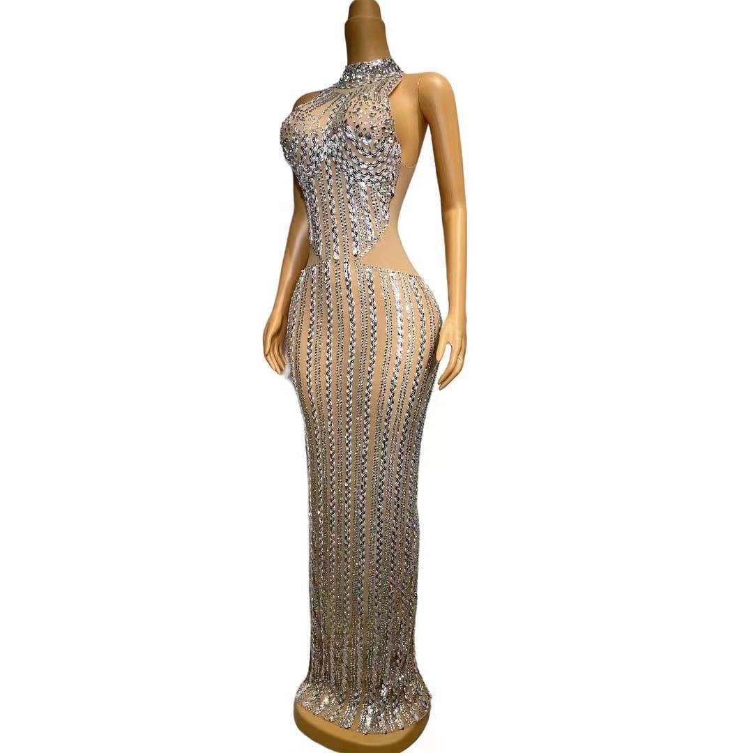 Elegantes Bandage-Maxikleid mit Diamanten – Bodenlang & Quadratkragen