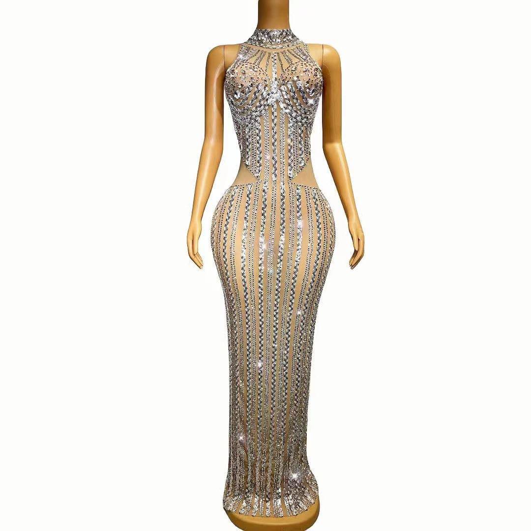 Elegantes Bandage-Maxikleid mit Diamanten – Bodenlang & Quadratkragen