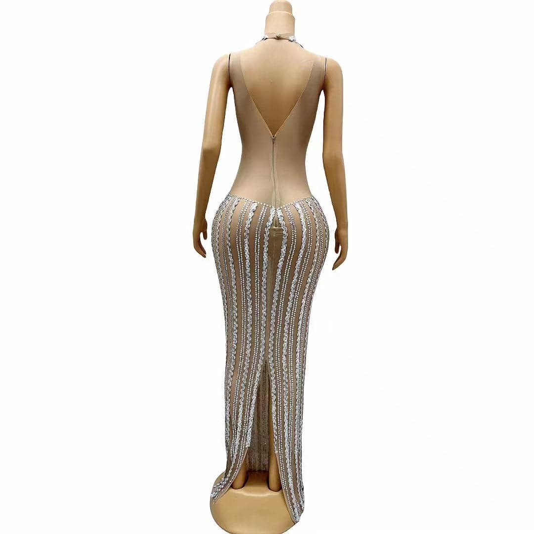 Elegantes Bandage-Maxikleid mit Diamanten – Bodenlang & Quadratkragen