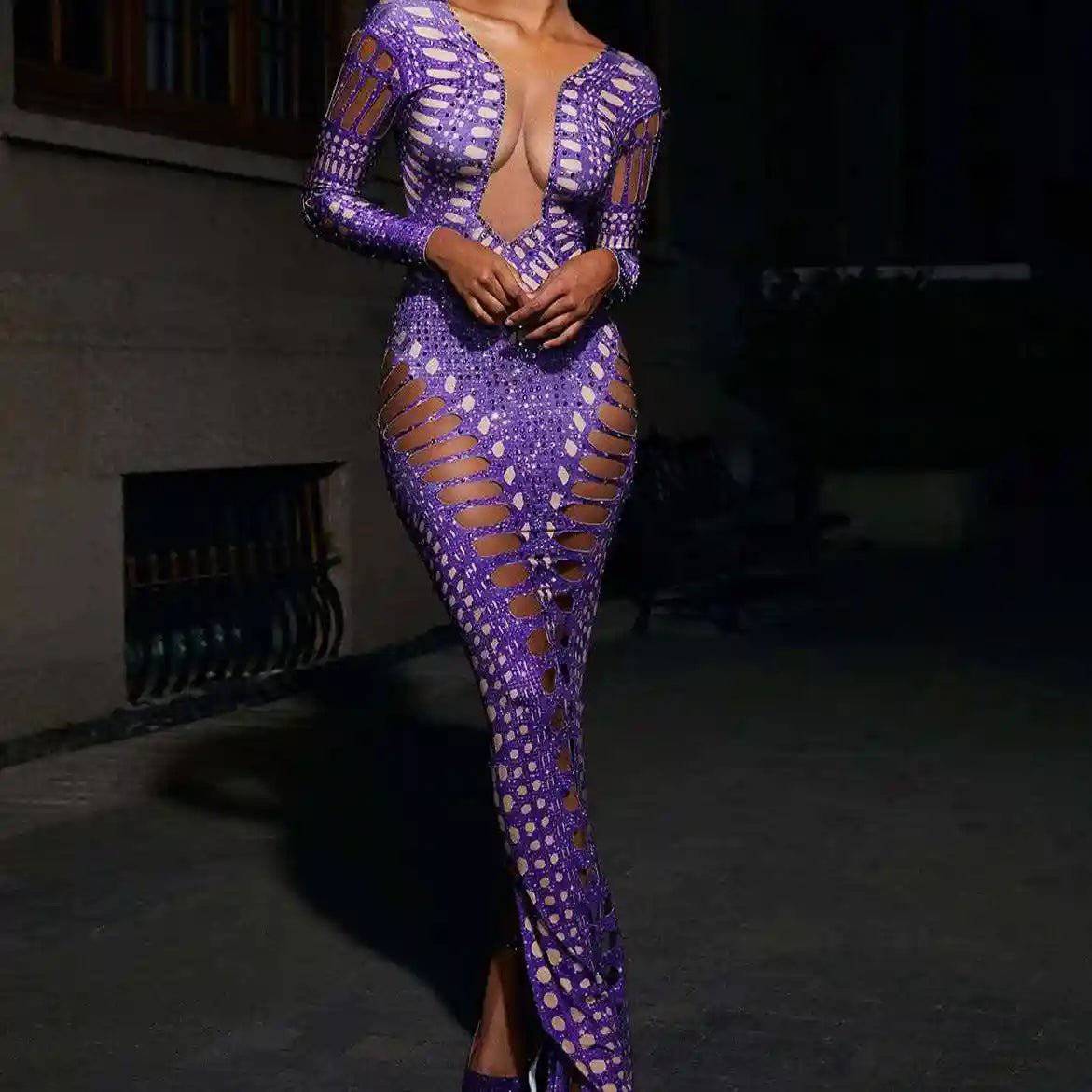Elegantes Bandage-Maxikleid mit Diamanten – Bodenlang & Quadratkragen
