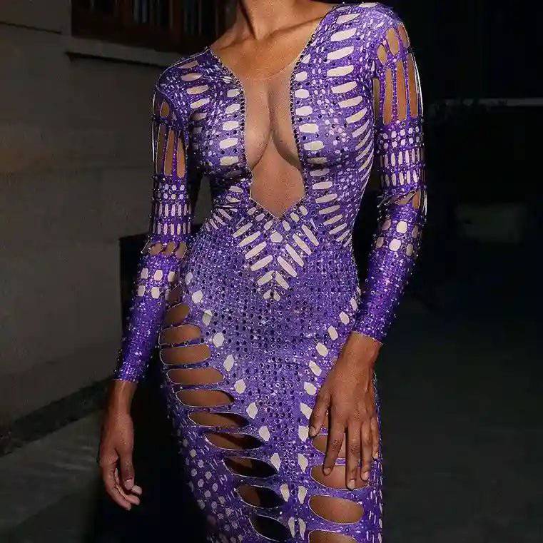 Elegantes Bandage-Maxikleid mit Diamanten – Bodenlang & Quadratkragen