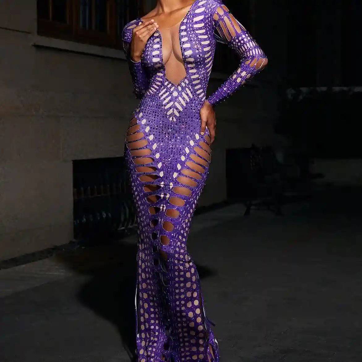 Elegantes Bandage-Maxikleid mit Diamanten – Bodenlang & Quadratkragen