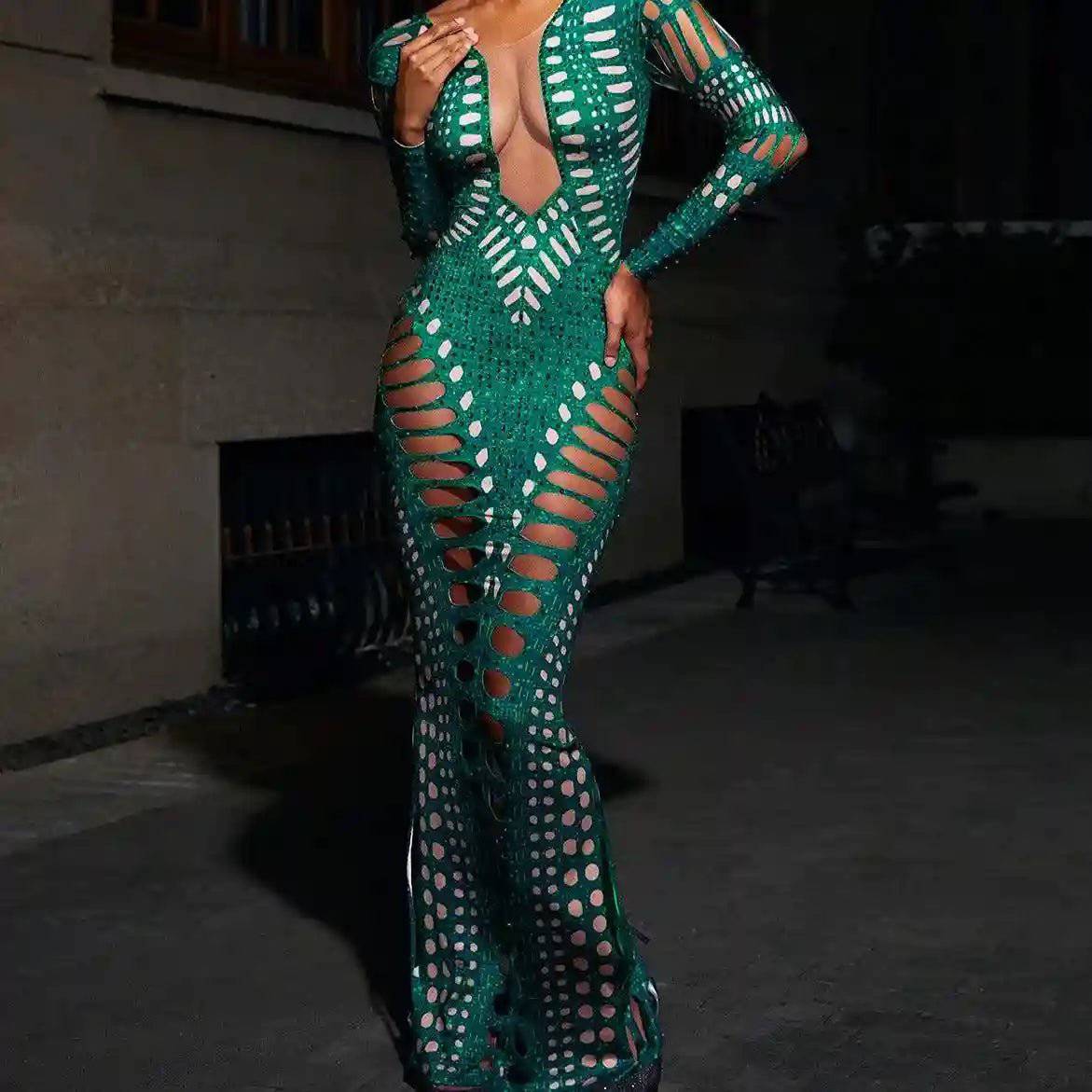Elegantes Bandage-Maxikleid mit Diamanten – Bodenlang & Quadratkragen
