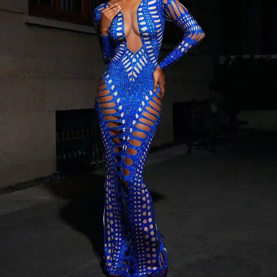 Elegantes Bandage-Maxikleid mit Diamanten – Bodenlang & Quadratkragen