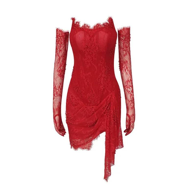 Produktbild von Elegantes Bandage-Maxikleid mit Diamanten – Bodenlang & Quadratkragen in Red, erhältlich bei Hot Fashionista