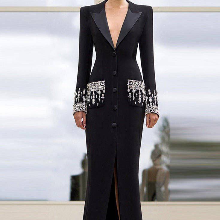 Produktbild von Elegantes Bandage-Maxikleid mit Diamanten – Bodenlang & Quadratkragen in S, erhältlich bei Hot Fashionista