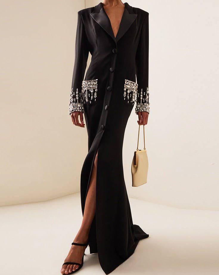 Elegantes Bandage-Maxikleid mit Diamanten – Bodenlang & Quadratkragen
