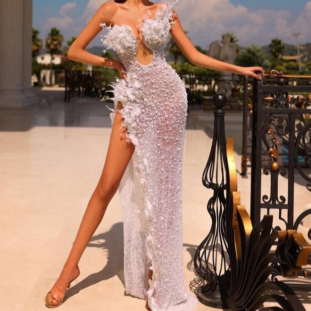 Produktbild von Elegantes Bandage-Maxikleid mit Diamanten – Bodenlang & Quadratkragen in S, erhältlich bei Hot Fashionista
