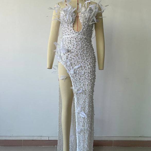 Elegantes Bandage-Maxikleid mit Diamanten – Bodenlang & Quadratkragen