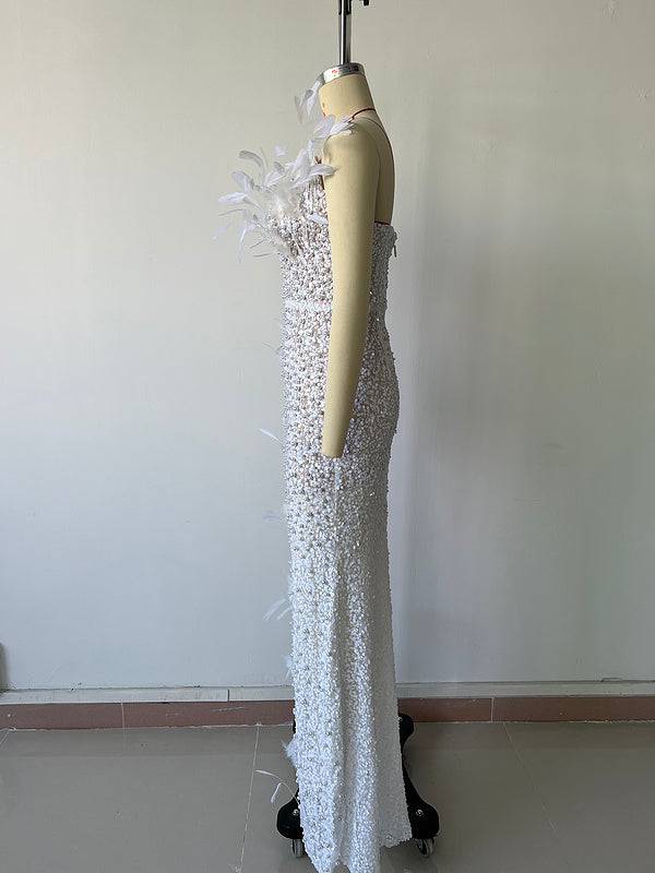 Elegantes Bandage-Maxikleid mit Diamanten – Bodenlang & Quadratkragen