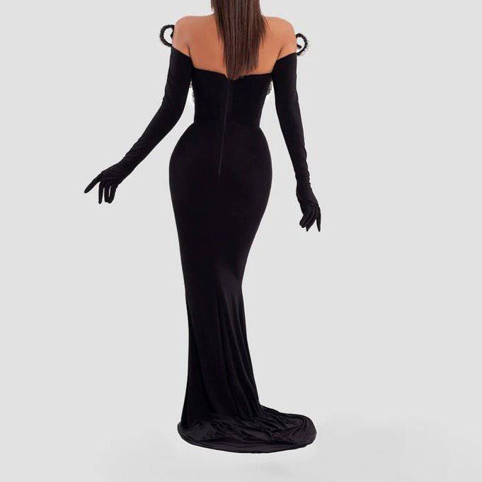 Elegantes Bandage-Maxikleid mit Diamanten – Bodenlang & Quadratkragen