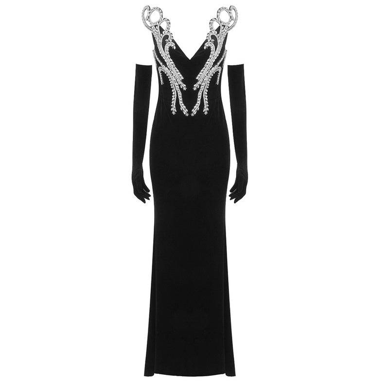 Elegantes Bandage-Maxikleid mit Diamanten – Bodenlang & Quadratkragen