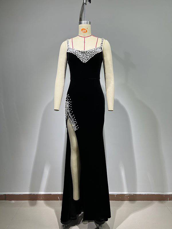 Elegantes Bandage-Maxikleid mit Diamanten – Bodenlang & Quadratkragen