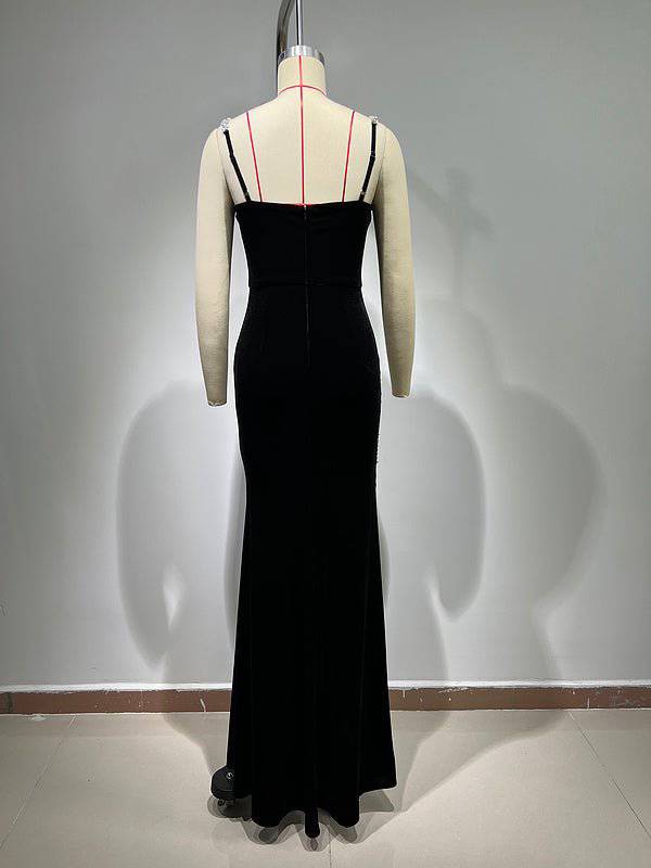 Elegantes Bandage-Maxikleid mit Diamanten – Bodenlang & Quadratkragen