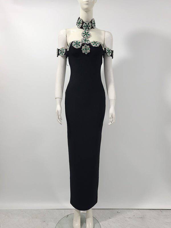 Elegantes Bandage-Maxikleid mit Diamanten – Bodenlang & Quadratkragen