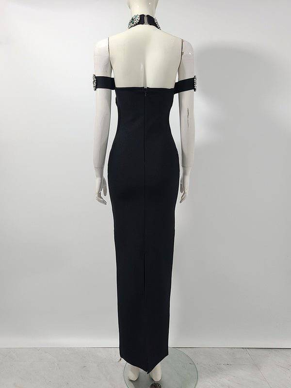 Elegantes Bandage-Maxikleid mit Diamanten – Bodenlang & Quadratkragen