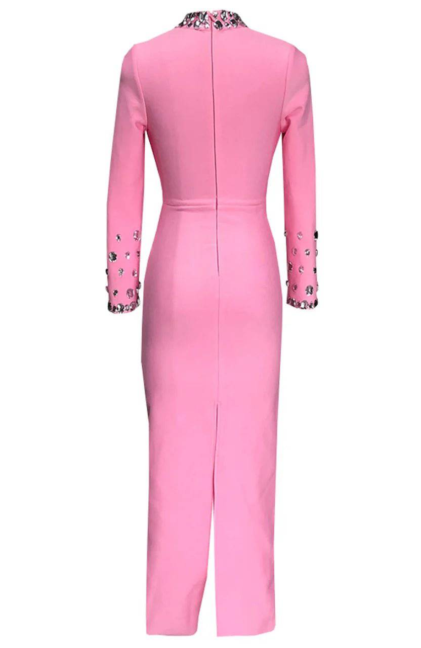 Elegantes Bandage-Maxikleid mit Diamanten – Bodenlang & Quadratkragen