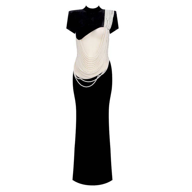 Elegantes Bandage-Maxikleid mit Diamanten – Bodenlang & Quadratkragen