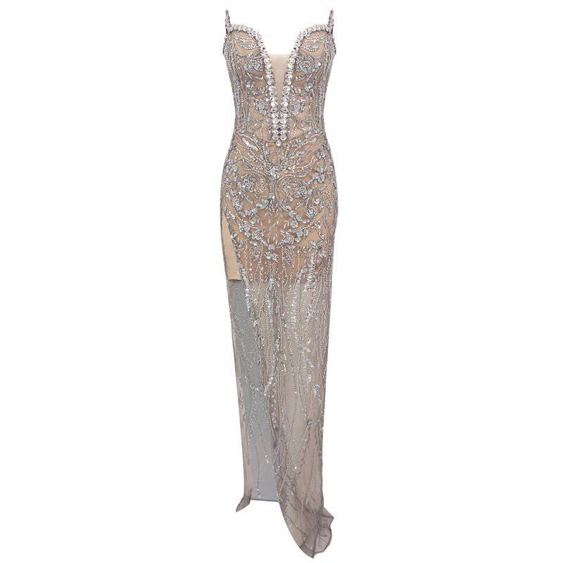 Elegantes Bandage-Maxikleid mit Diamanten – Bodenlang & Quadratkragen