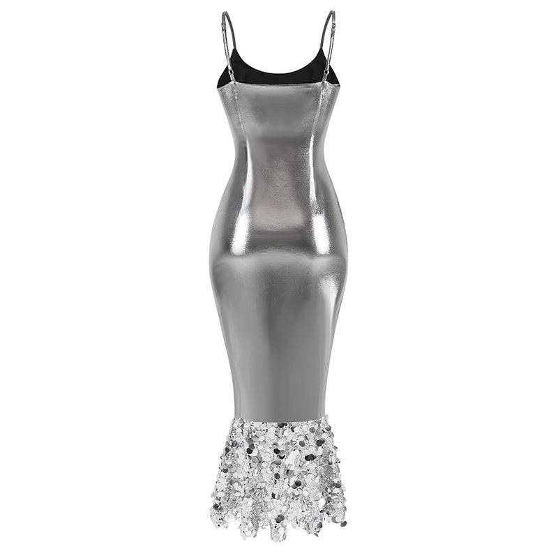 Elegantes Bandage-Maxikleid mit Diamanten – Bodenlang & Quadratkragen