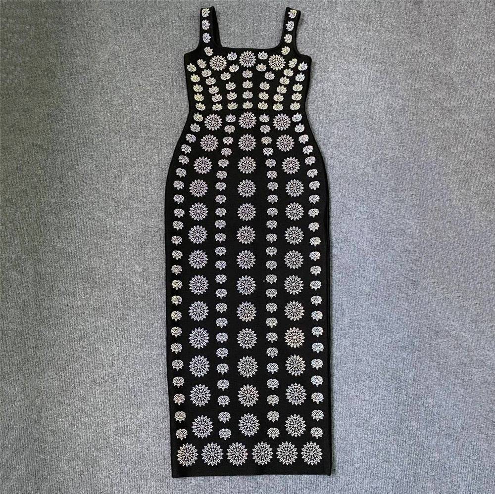 Elegantes Bandage-Maxikleid mit Diamanten – Bodenlang & Quadratkragen