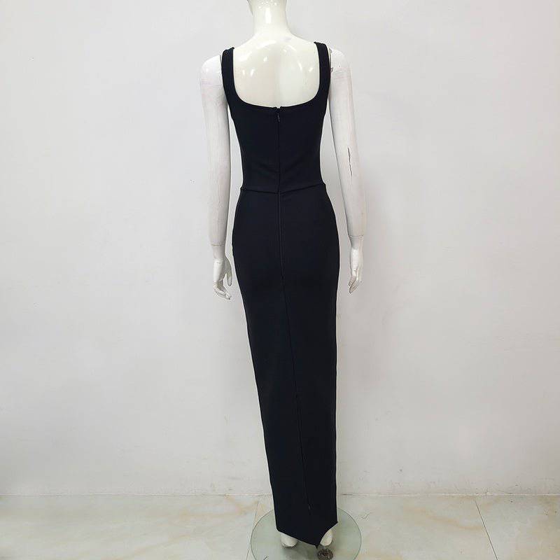 Elegantes Bandage-Maxikleid mit Diamanten – Bodenlang & Quadratkragen