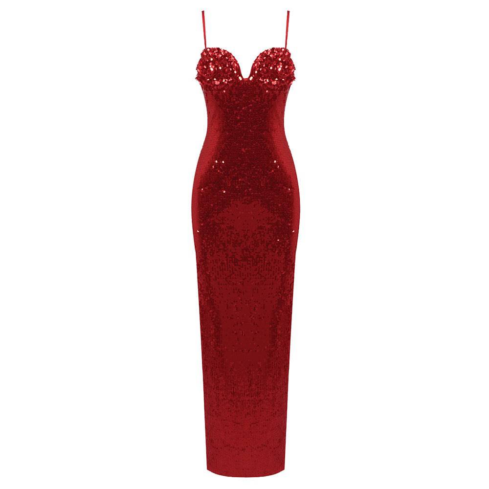 Elegantes Bandage-Maxikleid mit Diamanten – Bodenlang & Quadratkragen