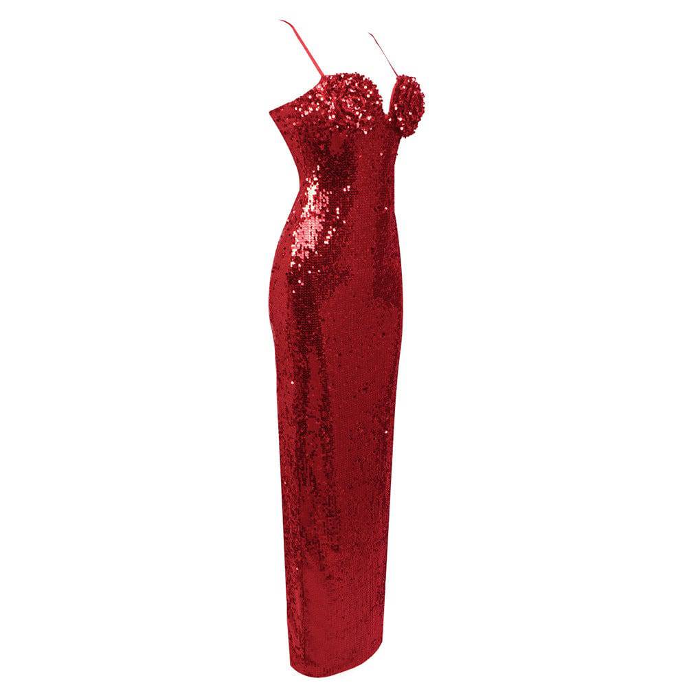 Elegantes Bandage-Maxikleid mit Diamanten – Bodenlang & Quadratkragen
