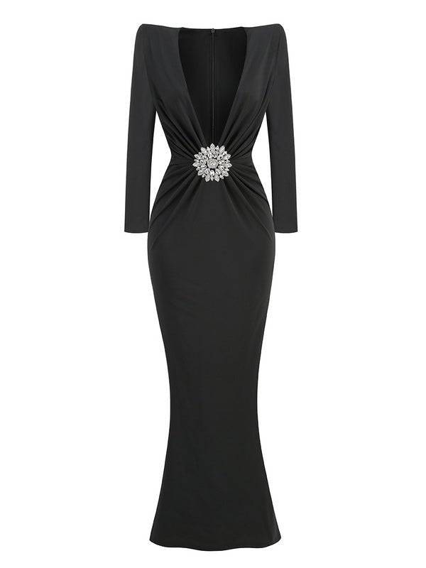 Elegantes Bandage-Maxikleid mit Diamanten – Bodenlang & Quadratkragen