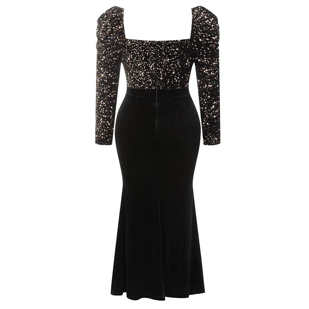 Elegantes Bandage-Maxikleid mit Diamanten – Bodenlang & Quadratkragen