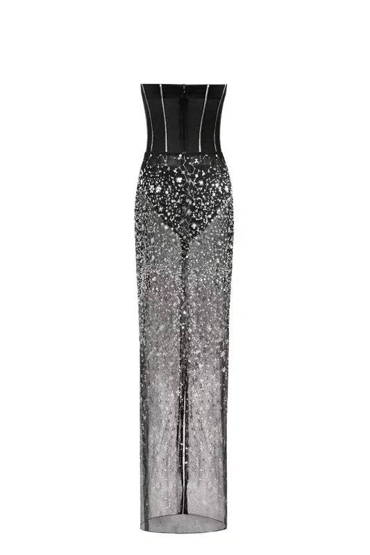 Produktbild von Elegantes Bandage-Maxikleid mit Diamanten – Bodenlang & Quadratkragen in s, erhältlich bei Hot Fashionista