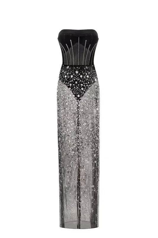 Elegantes Bandage-Maxikleid mit Diamanten – Bodenlang & Quadratkragen