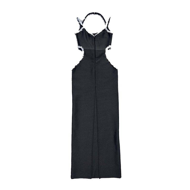 Elegantes Bandage-Maxikleid mit Diamanten – Bodenlang & Quadratkragen