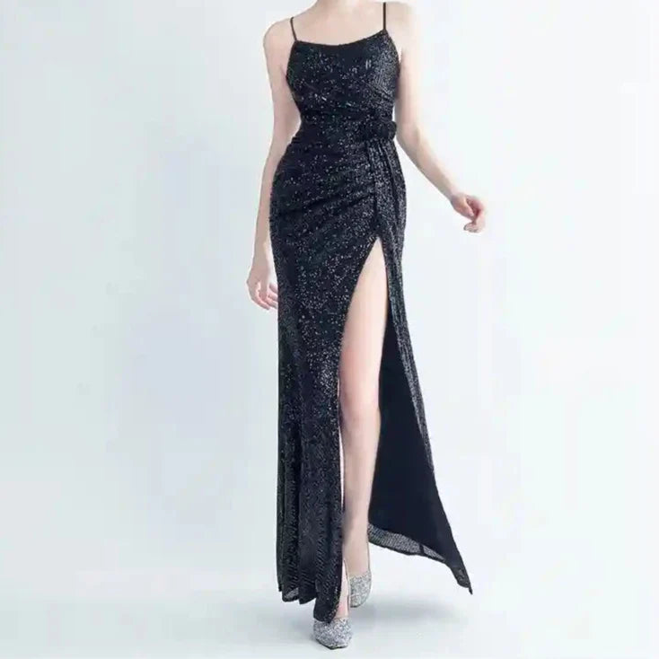 Elegantes Bandage-Maxikleid mit Diamanten – Bodenlang & Quadratkragen