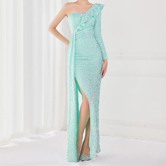 Produktbild von Elegantes Bandage-Maxikleid mit Diamanten – Bodenlang & Quadratkragen in light-blue, erhältlich bei Hot Fashionista