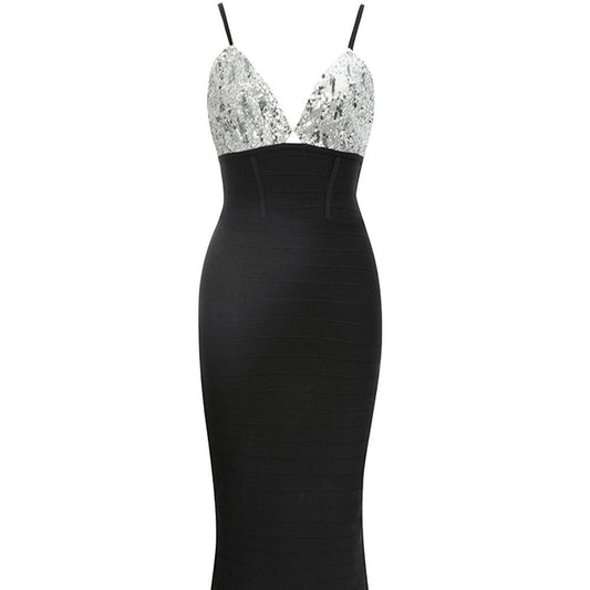 Produktbild von Elegantes Bandage-Maxikleid mit Diamanten – Bodenlang & Quadratkragen in xs-1, erhältlich bei Hot Fashionista